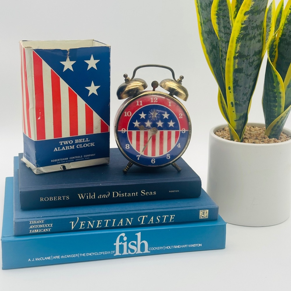 Robertshaw Lux Time Two Bell Alarm Clock Patriotic Stars Stripes Vintage w Box